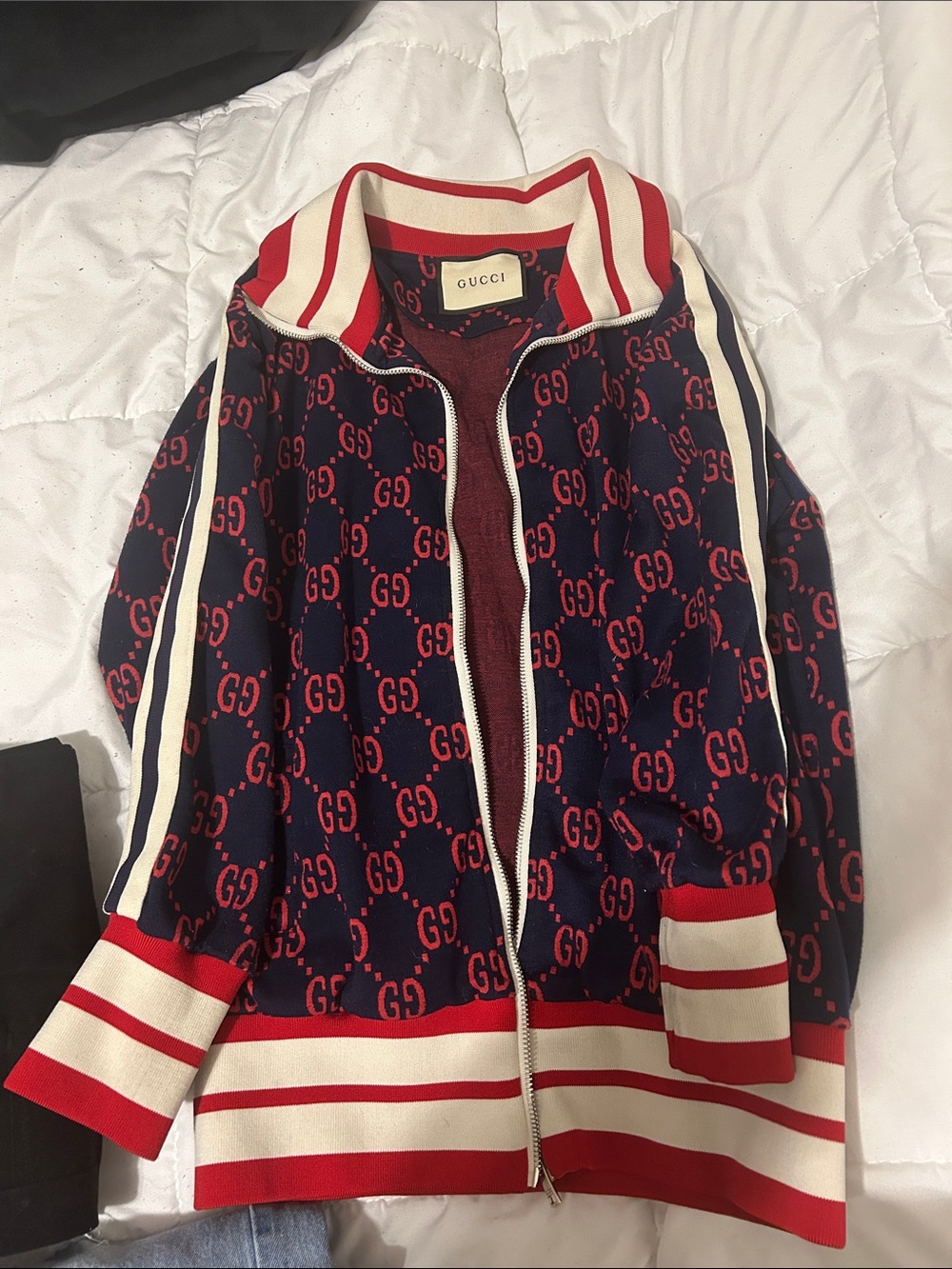 Gucci Navy & Red GG Logo Zip-Front Varsity Jacket